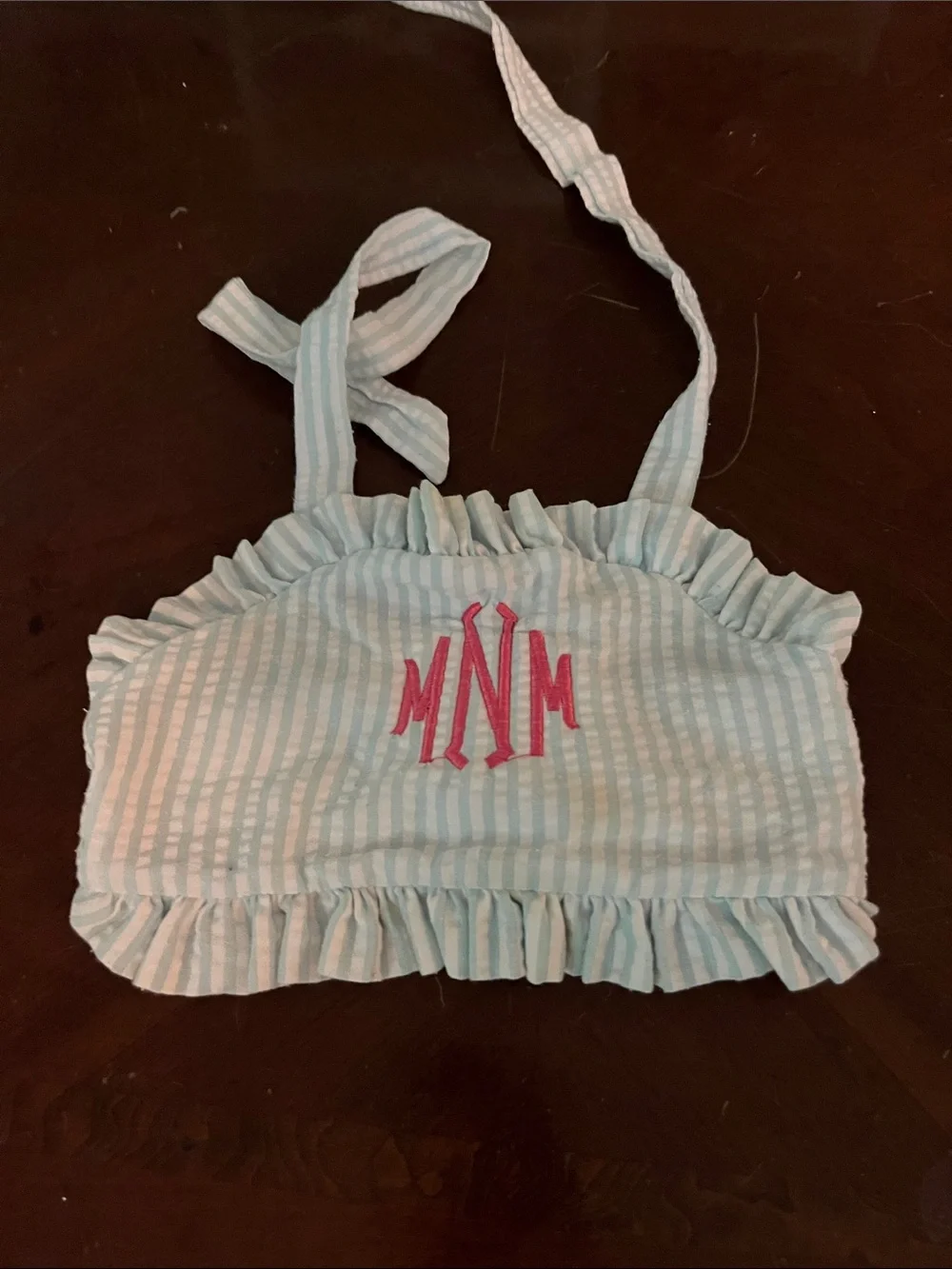 Girls Light Blue Striped Ruffle Bikini Top with Pink Monogram